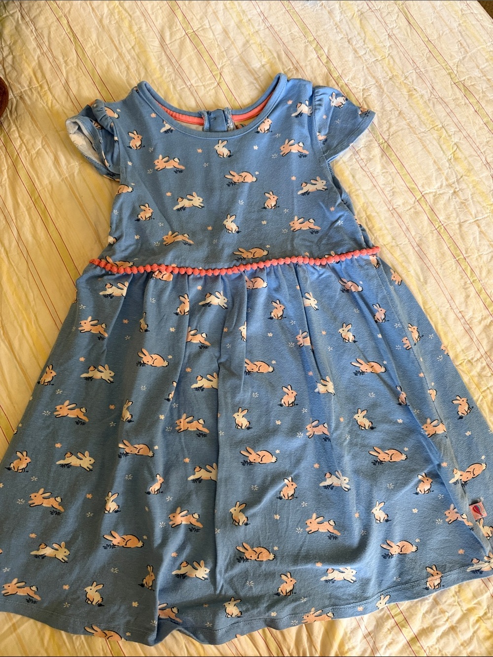 Copper Key Blue Dress with Pink Bunny Motif and Pink Waist Trim